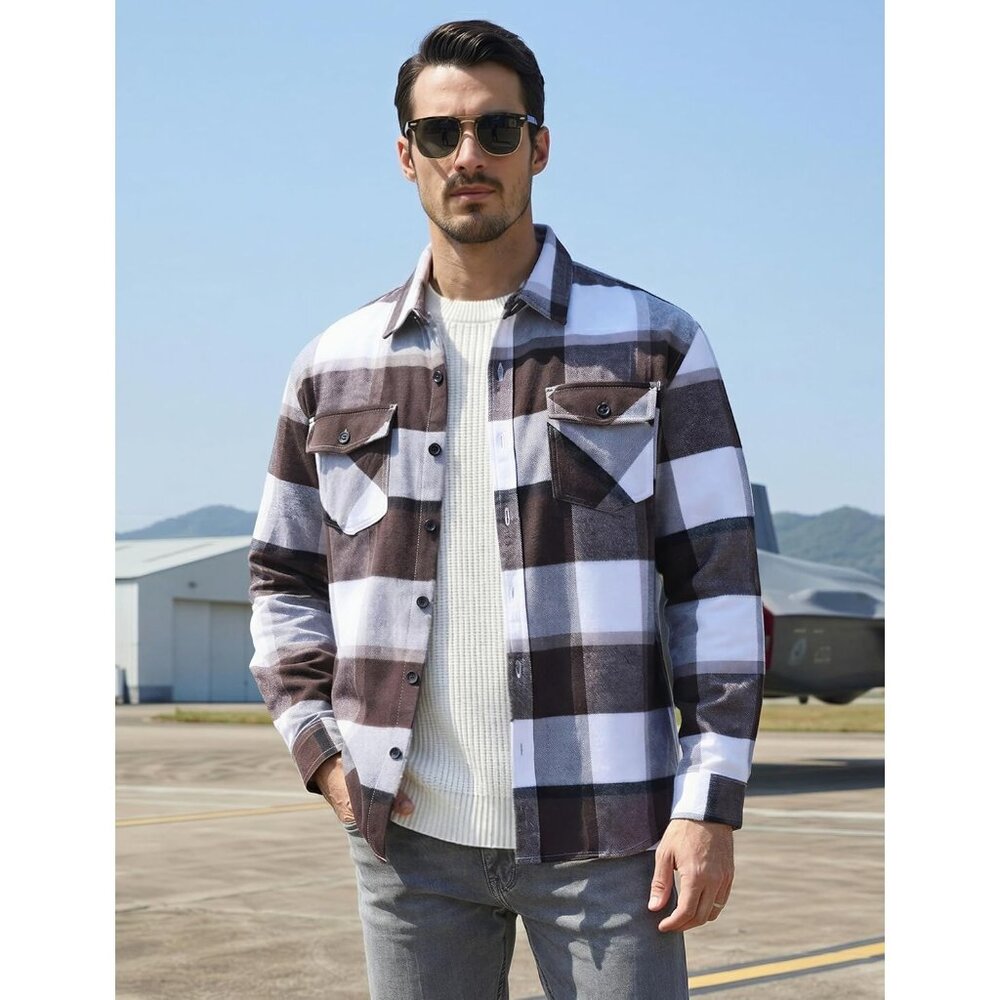 Men's Black & Grey Brushed Cotton Plaid Flannel Button Down Shirt Jacket - Picture 2 of 7